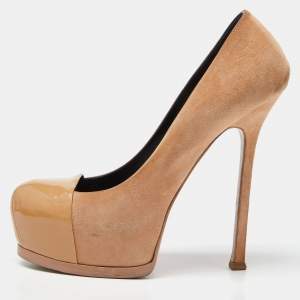 Saint Laurent Beige Suede and Patent Leather Cap Toe Tribtoo Platform Pumps Size 39