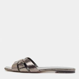 Saint Laurent Metallic Leather Tribute Flat Slides Size 40.5  