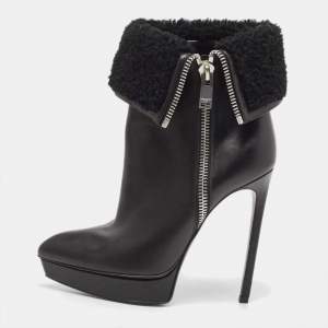 Pre Owned Saint Laurent Black Leather and Shearling Fur Ankle Boots Size 37.5