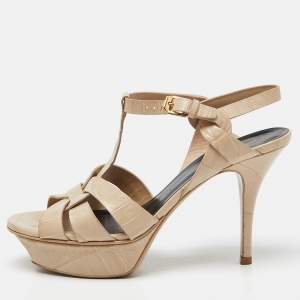 Yves Saint Laurent Beige Croc Embossed Leather Tribute Ankle Strap Sandals Size 37.5
