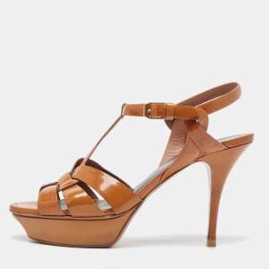 Saint Laurent Brown Patent Leather Tribute Sandals Size 38
