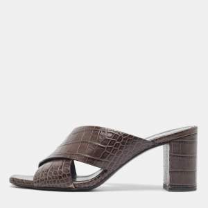 مملوكة مسبقًا Saint Laurent Brown Croc Embossed Leather Loulou Slide Sandals Size 36