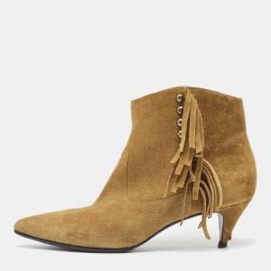 Saint Laurent Brown Suede Fringe Detail Pointed Toe Ankle Boots Size 40