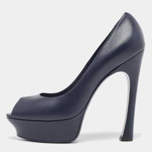 Saint Laurent Navy Blue Leather Palais Peep Toe Pumps Size 38.5