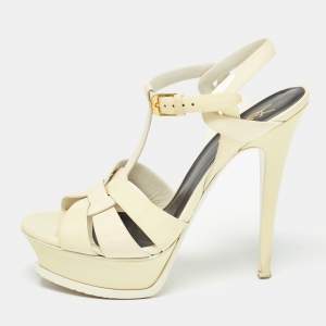 Pre Owned Saint Laurent White Patent Leather Tribute Sandals Size 37.5