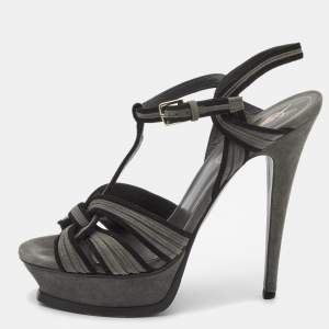 Pre Owned Saint Laurent Grey/Black Suede Tribute Sandals Size 39