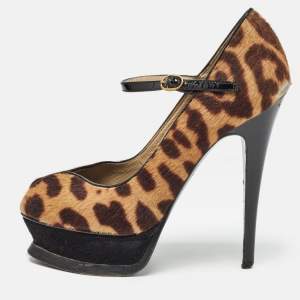 Saint Laurent Black/Brown Calf Hair Animal Print Pumps Size 36