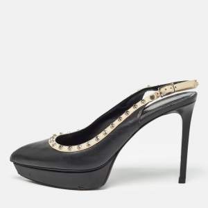 Saint Laurent Paris Black Leather Studded Platform Pointed Toe Slingback Pumps Size 38.5