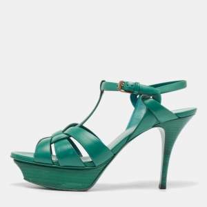 Pre Owned Saint Laurent Green Leather Tribute Sandals Size 39.5