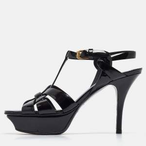 Saint Laurent Black Patent Leather Tribute Sandals Size 36