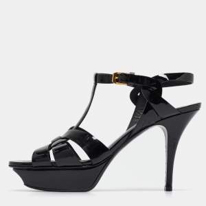 Saint Laurent Black Patent Leather Tribute Sandals Size 39.5