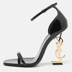 Saint Laurent Black Patent Leather Opyum Ankle Strap Sandals 37