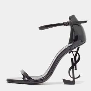 Saint Laurent Black Patent Leather Opyum Ankle Strap Sandals Size 34.5