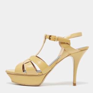 Saint Laurent Paris Beige Patent Leather Tribute Platform Ankle Strap Sandals Size 39