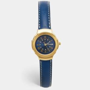 Yves Saint Laurent Blue Gold Plated Stainless Steel Leather Classic Women's Wristwatch 28 mm