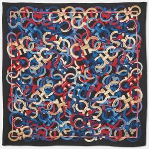Salvatore Ferragamo Navy Blue Logo Print Silk Scarf
