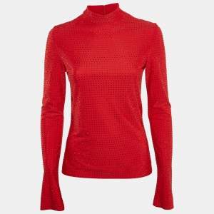 Salvatore Ferragamo Red Studded Jersey Long Sleeve Top  M