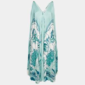 Salvatore Ferragamo Blue Floral Print Satin Plisse Midi Dress M
