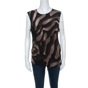 Salvatore Ferragamo Brown Animal Print Lace Insert Silk Top L