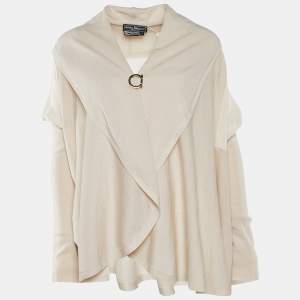 Salvatore Ferragamo Cream Wool & Silk Knit Brooch Detail Draped Cardigan M