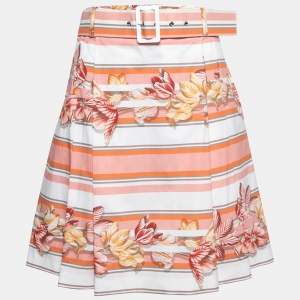 Salvatore Ferragamo Pink Floral Striped Printed Cotton Belted Pleated Skirt S