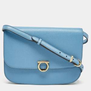 Salvatore Ferragamo Light Blue Leather Gancini Rounded Flap Crossbody Bag