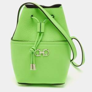 Pre Owned Salvatore Ferragamo Green Leather Mini Gancini Drawstring Bucket Bag