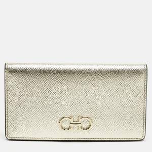 Pre Owned Salvatore Ferragamo Gold Leather Gancini Long Wallet