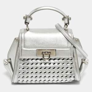 Pre Owned Salvatore Ferragamo Silver Woven Effect Leather Mini Sofia Top Handle Bag
