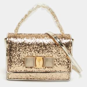 مملوكة مسبقًا Salvatore Ferragamo Vara Bow Gold Glitter and Patent Leather Top Handle Bag