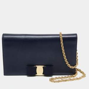 Pre Owned Salvatore Ferragamo Navy Blue Leather Miss Vara Wallet on chain 