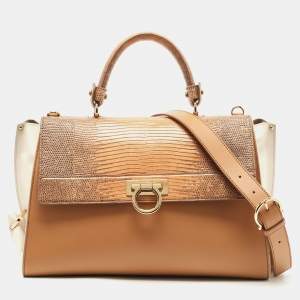 Salvatore Ferragamo Beige Lizard and Leather Large Sofia Top Handle Bag