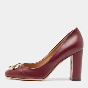 Salvatore Ferragamo Burgundy Leather Fiamma Pumps Size 38.5