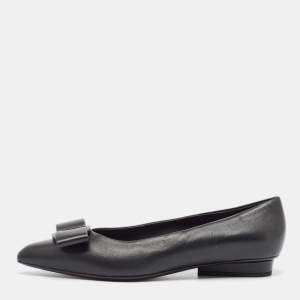 Pre Owned Salvatore Ferragamo Black Leather Viva Bow Ballet Flats Size 37.5