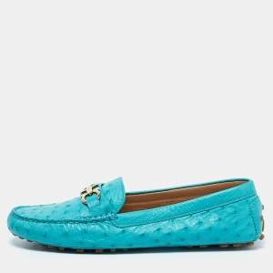Salvatore Ferragamo Turquoise Ostrich Leather Saba Loafers Size 40.5