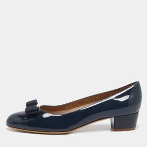 Pre Owned Salvatore Ferragamo Navy Blue Patent Leather Vara Bow Pumps Size 40