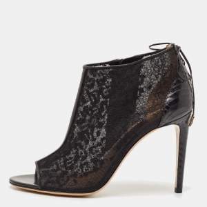 Salvatore Ferragamo Black Lace and Watersnake Open Toe Booties Size 38