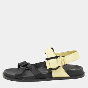 Salvatore Ferragamo Yellow/Black Leather and Canvas Aja Flat Sandals Size 40.5
