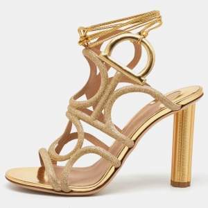 Salvatore Ferragamo Gold Glitter and Leather Cut Out Ankle Wrap Sandals Size 37