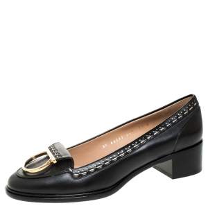 مملوكة مسبقًا Salvatore Ferragamo Black Leather Fele Gancio Detail Block Heel Loafer Pumps Size 40