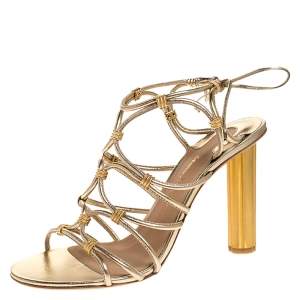 Salvatore Ferragamo Gold Leather Fiuggi Column Heel Ankle Tie Sandals Size 38.5