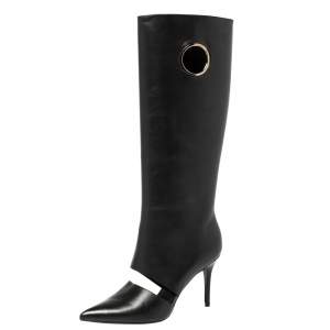 Salvatore Ferragamo Black Cutout Leather Eyelet Knee Boots Size 38.5