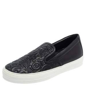 Pre Owned Salvatore Ferragamo Black Leather Logo Embossed Slip On Sneakers Size 40.5