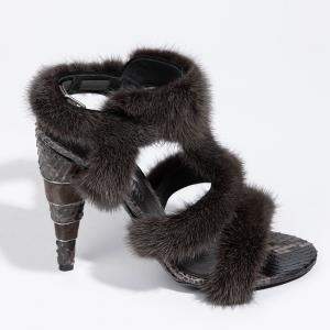 Salvatore Ferragamo Grey Leather Larix Fur High Heel Sandals Size EU 37.5