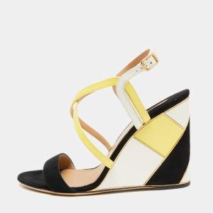 Salvatore Ferragamo Tricolor Suede And Leather Criss Cross Strap Wedge Sandals Size 38