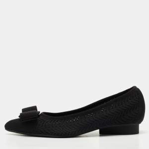 Pre Owned Salvatore Ferragamo Black Knit Fabric Viva Bow Ballet Flats Size 38.5