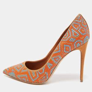 Pre Owned Salvatore Ferragamo Multicolor Beaded Mosaic and Suede Fiore Pointed Toe Pumps Size 37.5