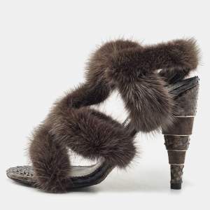 Salvatore Ferragamo Dark Grey Mink Fur and Python Leather Cage  Sandals Size 37