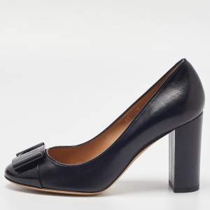 Pre Owned Salvatore Ferragamo Black Leather and Patent Cap Toe Buckle Pumps Size 38.5