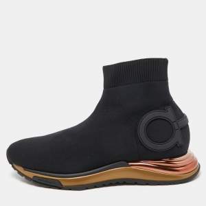 Pre Owned Salvatore Ferragamo Black Knit Fabric Cloth Trainers High Top Sneakers Size 40